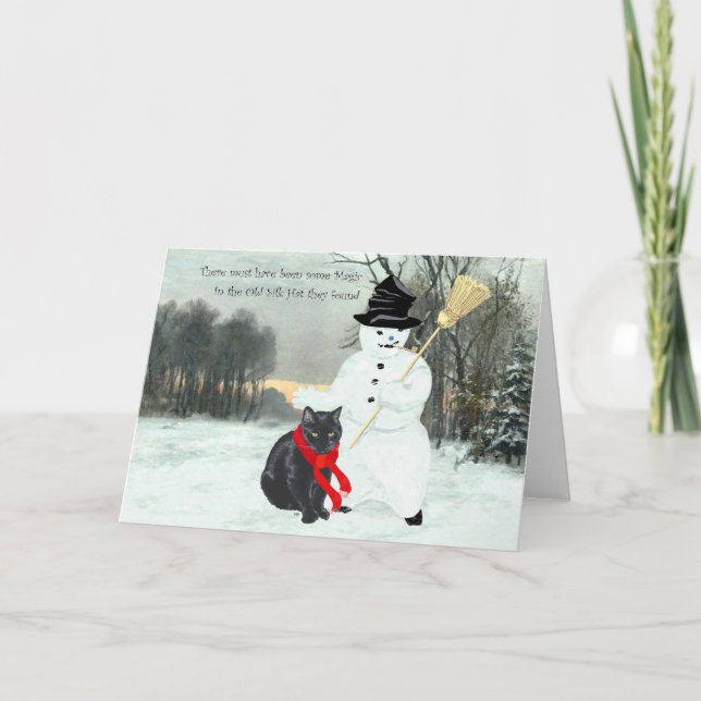 Gato negro con muñeco de nieve en Navidad (Anverso)