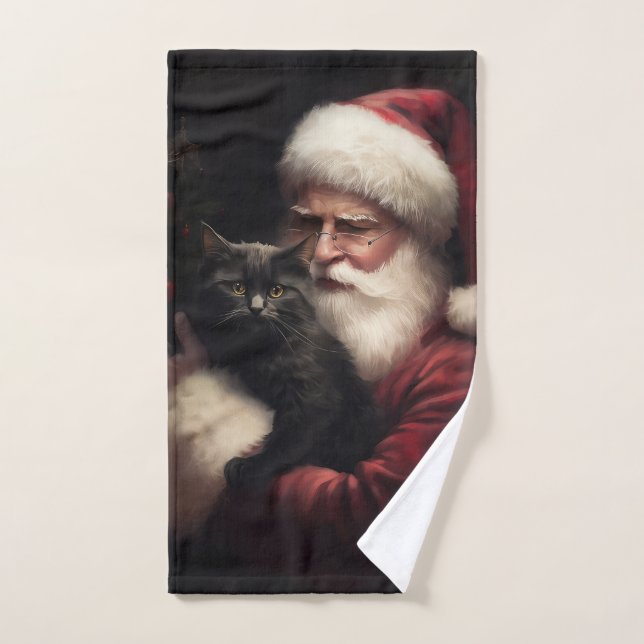 Gato negro con Navidades festivos de Santa Claus (Toalla de mano)