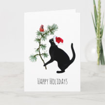 Gato negro con pájaro rojo en tarjeta de Navidades