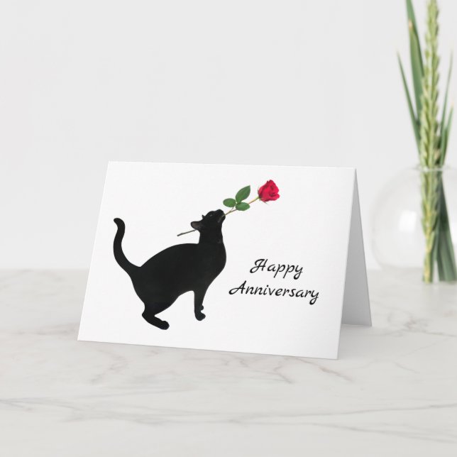 Gato negro con tarjeta de aniversario de rosa roja (Anverso)
