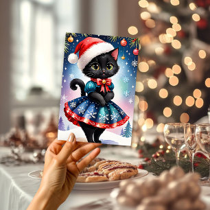 Gato negro con tarjeta de vacaciones plana de pati