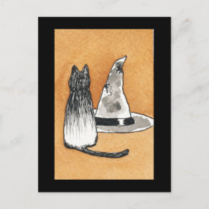 Gato negro con tarjeta postal Gorra de brujas