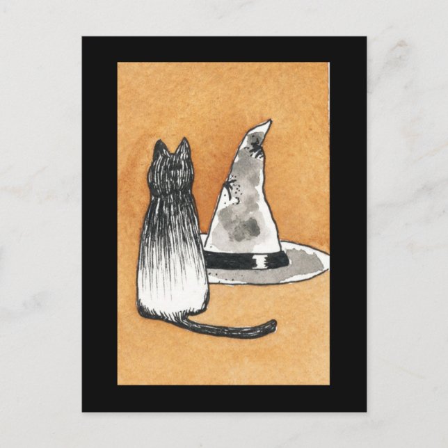 Gato negro con tarjeta postal Gorra de brujas (Anverso)
