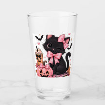 Gato negro coqueto de Halloween con lazos rosas