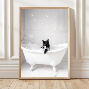 Gato negro de baño en la bañera, impresión en la p