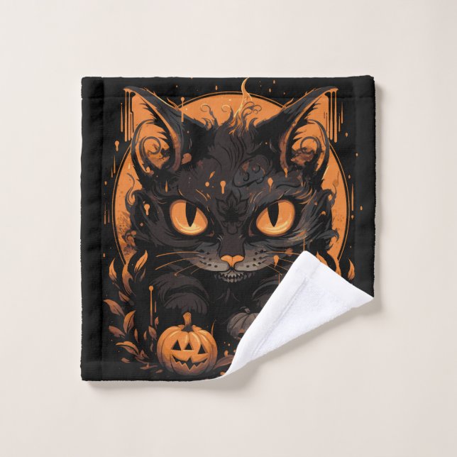 Gato negro de Halloween con calabazas y luna (Toallita)