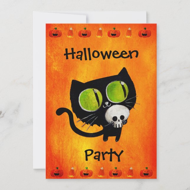 Gato negro de Halloween con invitación para fiesta (Anverso)