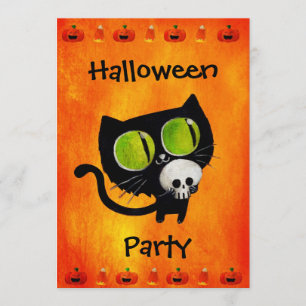 Gato negro de Halloween con invitación para fiesta