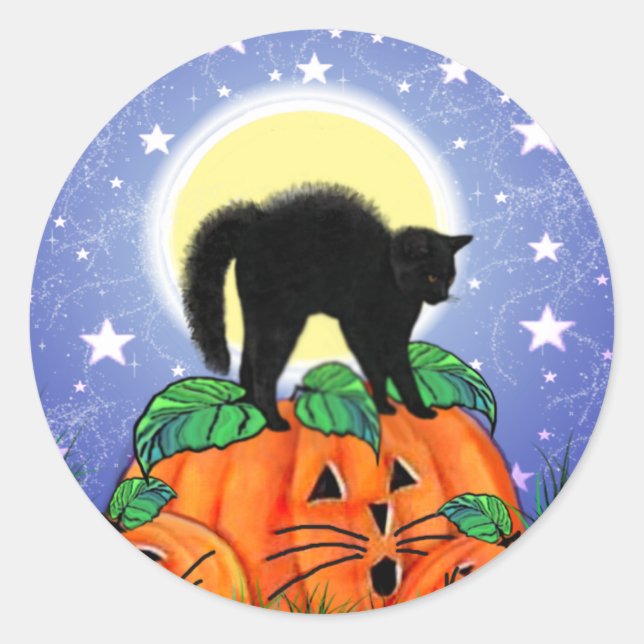 Gato negro de Halloween con Pegatinas de calabazas (Anverso)
