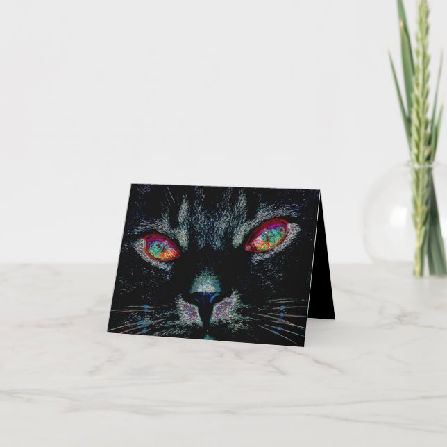 Gato negro de Halloween con tarjeta de ojos de fue (Anverso)