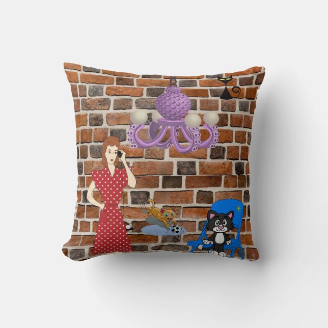 Gato negro de mujer retro de ladrillo Cojín decora (Anverso)