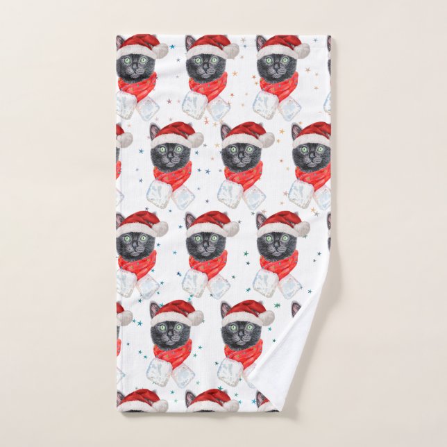 Gato negro de Navidad con bufanda roja (Toalla de mano)