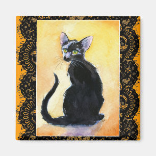 Gato negro del gatito, cordón, imán anaranjado