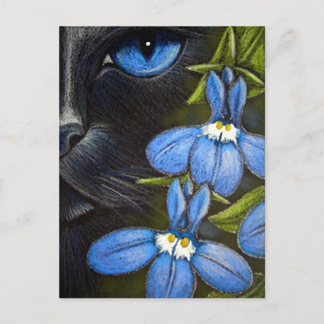 GATO NEGRO DETRÁS DE LA POSTAL DE FLORES DE LOBELI (Anverso)