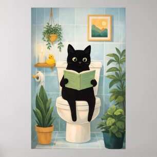 Gato negro divertido leyendo en la impresión del b
