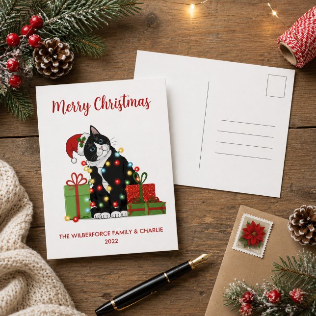 Gato negro divertido y luces de Navidad Navidad (Add Family and Cat Names, and Year to customize)
