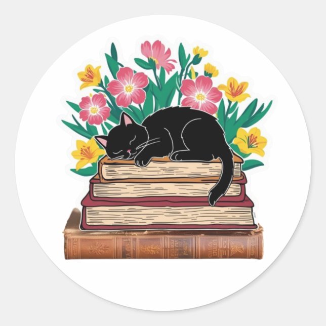 Gato negro durmiendo en Pegatina de libros, flor d (Anverso)