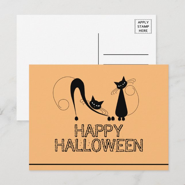 Gato negro elegante, postal de Halloween feliz (Anverso / Reverso)