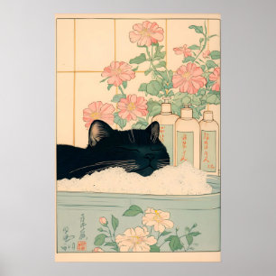 Gato negro en bañera Impresión de baño japonés