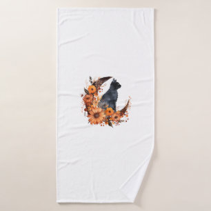 Gato negro en calabaza floral de la luna Halloween