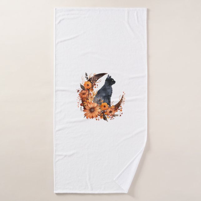 Gato negro en calabaza floral de la luna Halloween (Toalla de baño)