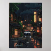 Gato Negro en Calle Japonesa de Neón Lluviosa Arte