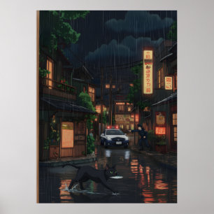 Gato Negro en Calle Japonesa de Neón Lluviosa Arte