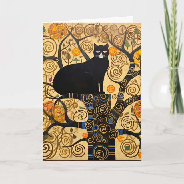 Gato negro en el árbol de la tarjeta dorada Swirls (Anverso)