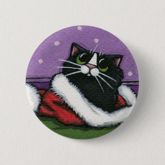 Gato negro en el gorra de Navidad - botón del arte