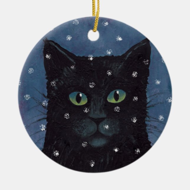 Gato negro en el ornamento de la nieve (Frente)