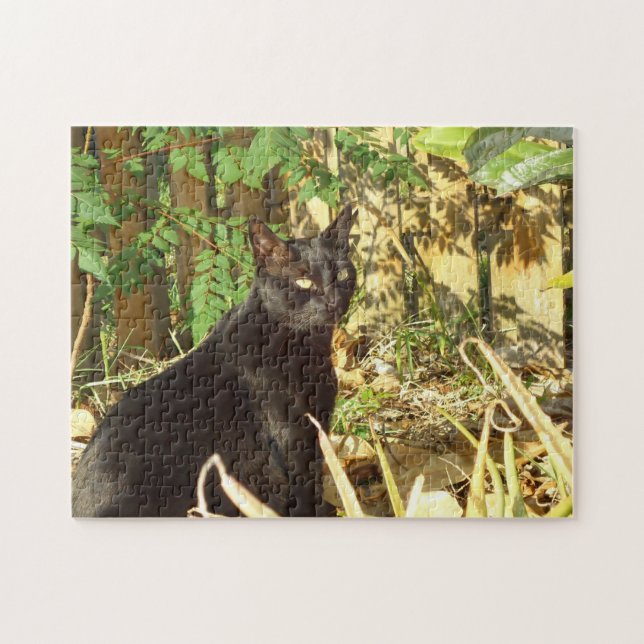 Gato negro en el rompecabezas de Sun de la mañana (Horizontal)