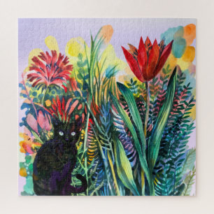 Gato negro en el rompecabezas del jardín