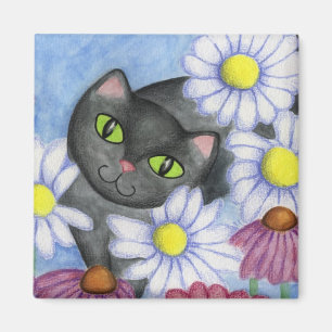 Gato Negro en Imán de Flores