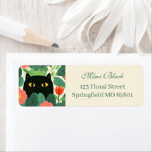 Gato Negro En Jardín De Flores Naranjas Etiqueta D