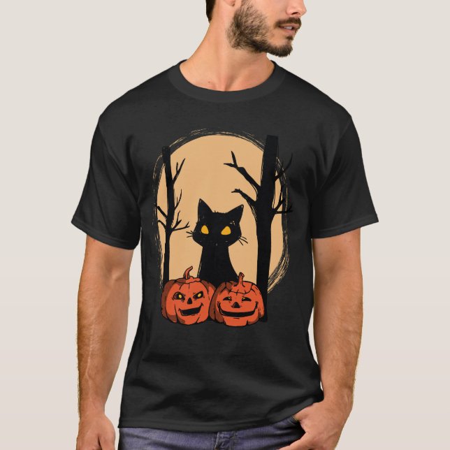 "Gato negro en la camiseta de Halloween de calabaz (Anverso)