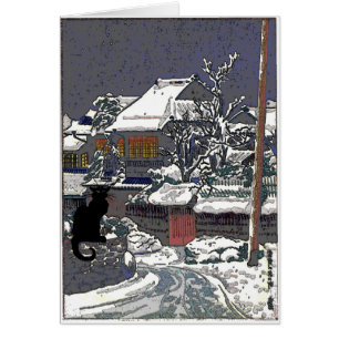 Gato negro en la impresión del japonés de la nieve