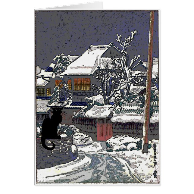 Gato negro en la impresión del japonés de la nieve (Frente)