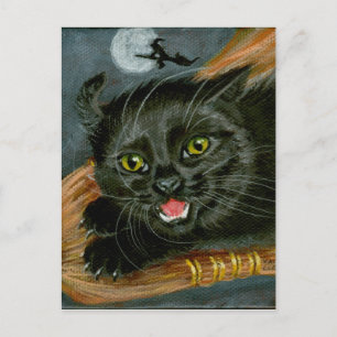 Gato negro en la postal de Halloween en la habitac