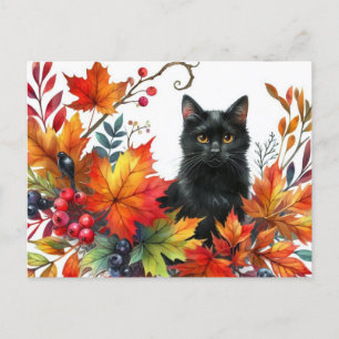 Gato negro en la postal de las hojas coloridas del