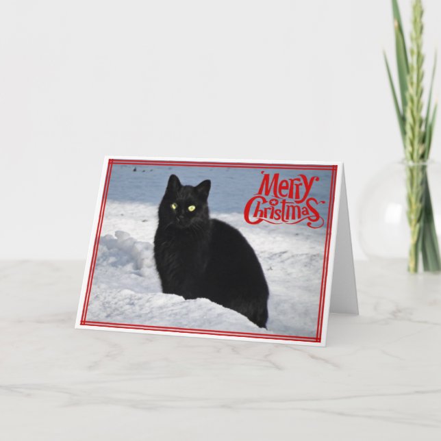 Gato negro en la tarjeta de Navidades de nieve (Anverso)