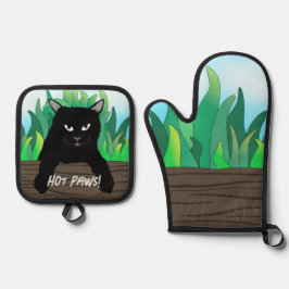 Gato negro en la valla Oven Mitt & Pot Holder Set