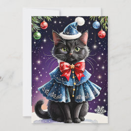 Gato negro en Navidades tarjeta azul de vacaciones