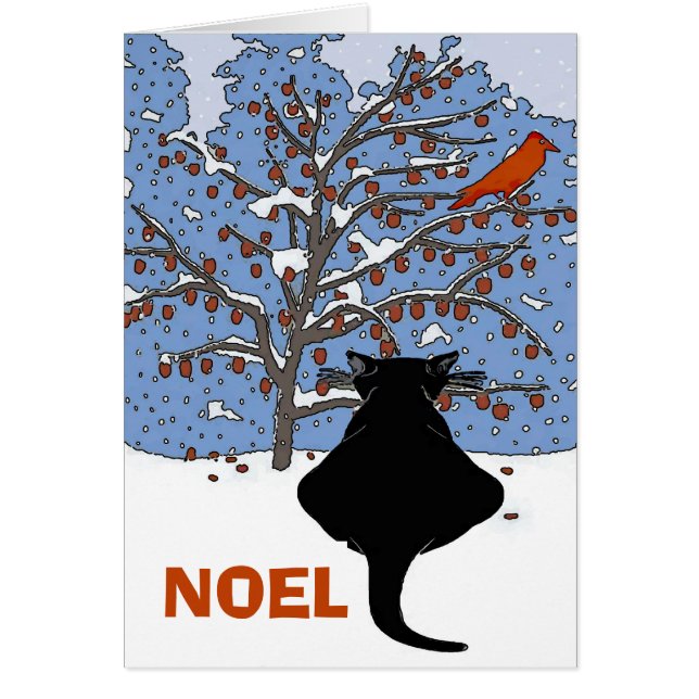 Gato negro en nieve, noel, pájaro rojo (Frente)