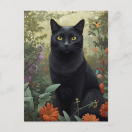 Gato negro en postal de jardín de flores