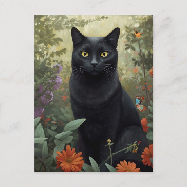 Gato negro en postal de jardín de flores (Anverso)