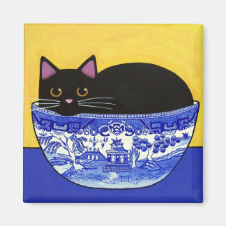 GATO negro en un imán cuadrado tazón salvaje azul