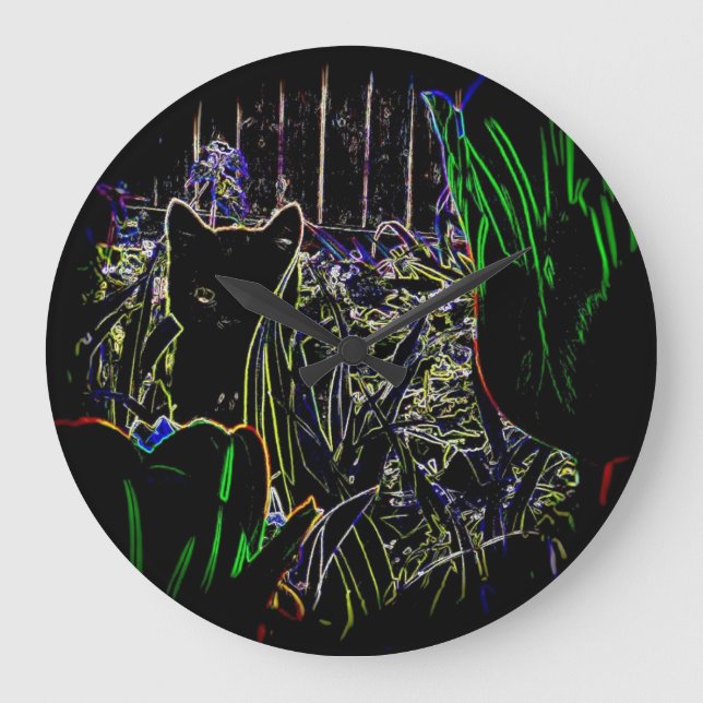 Gato negro en un reloj de pared de neón del jardín (Anverso)