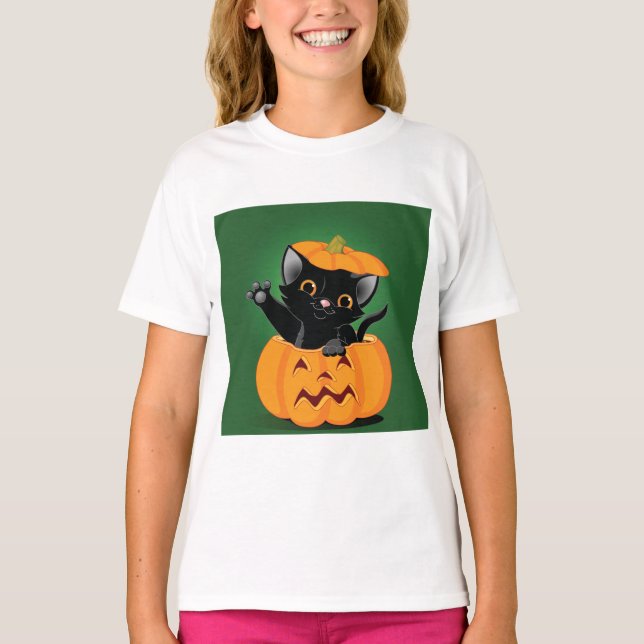 Gato Negro En Una Camiseta De Chicas De Calabaza (Anverso)
