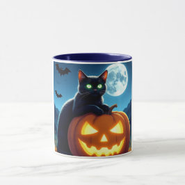 Gato negro espumoso en la taza de calabaza de Hall