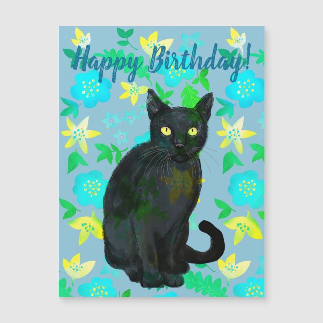 gato negro floral, imán de cumpleaños (Anverso)